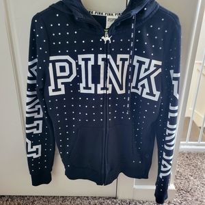 Pink Victoria's bling jacket. Black with white lettering and faux bling.
